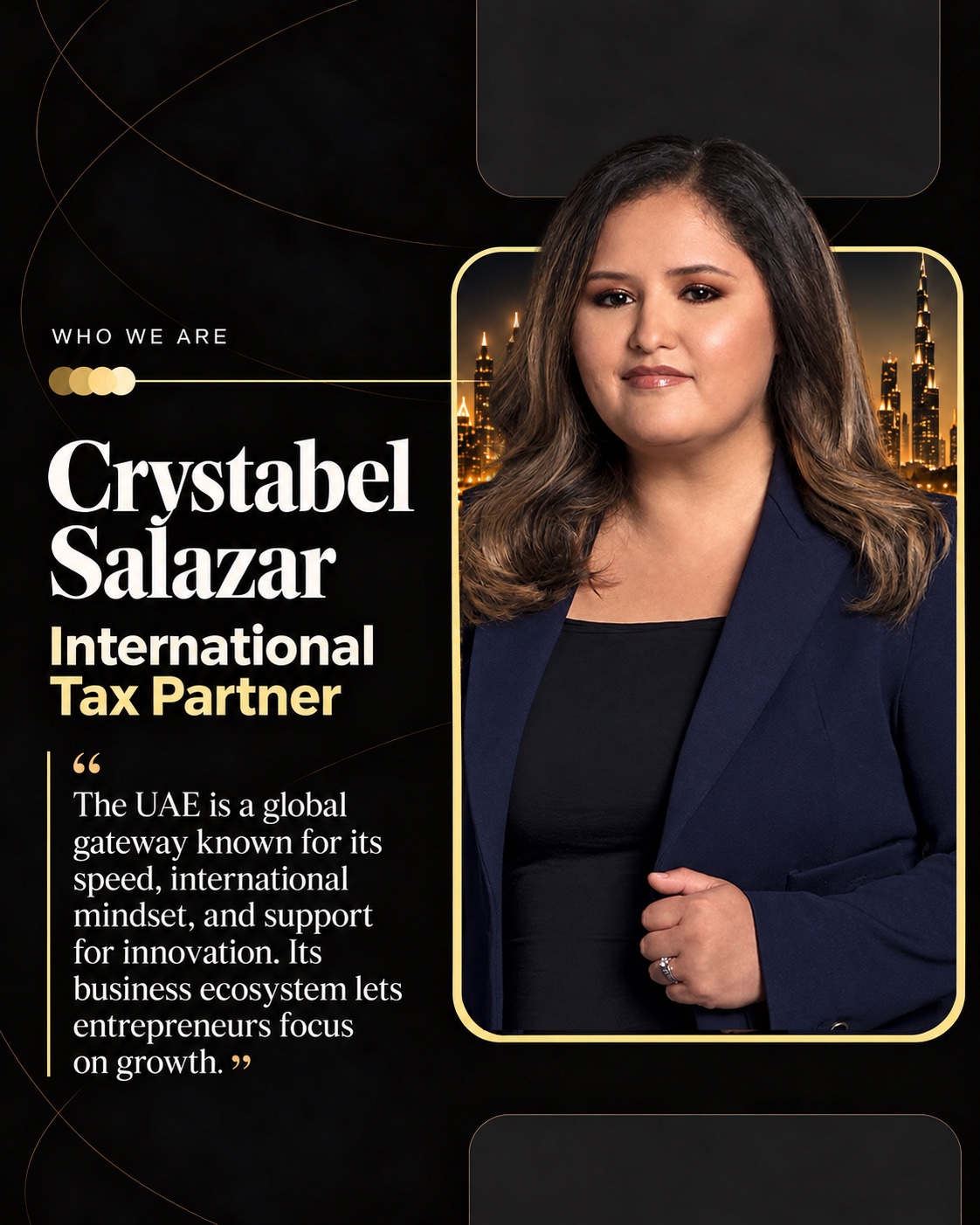 Crystabel Salazar, International Tax Partner, with Dubai at night.