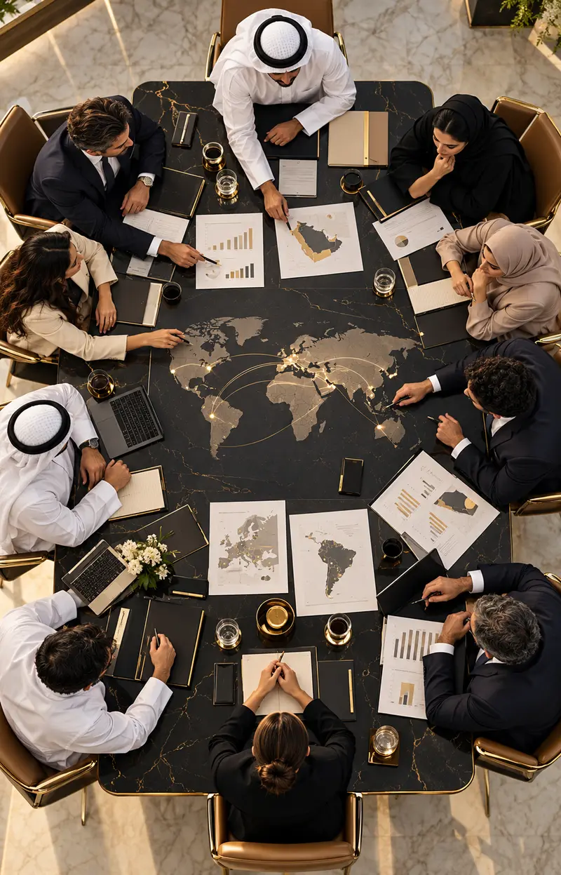 International business leaders aligning on a cross-border tax strategy around a world map.